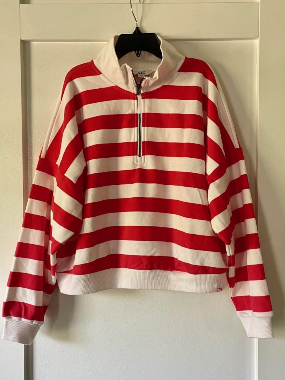 JoyLab Red White Stripe Quarter Zip Sweatshirt XXL Coastal Preppy Pullover